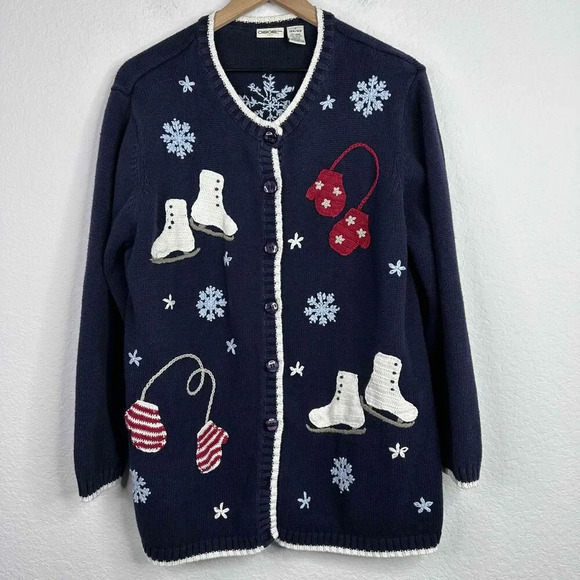 Vintage Cherokee Sweater Women's 14W/16W Blue‎ Winter Crochet Applique Cardigan - Picture 1 of 4